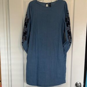 Chic Denim Long Sleeve Dress with Patterned Sleeves